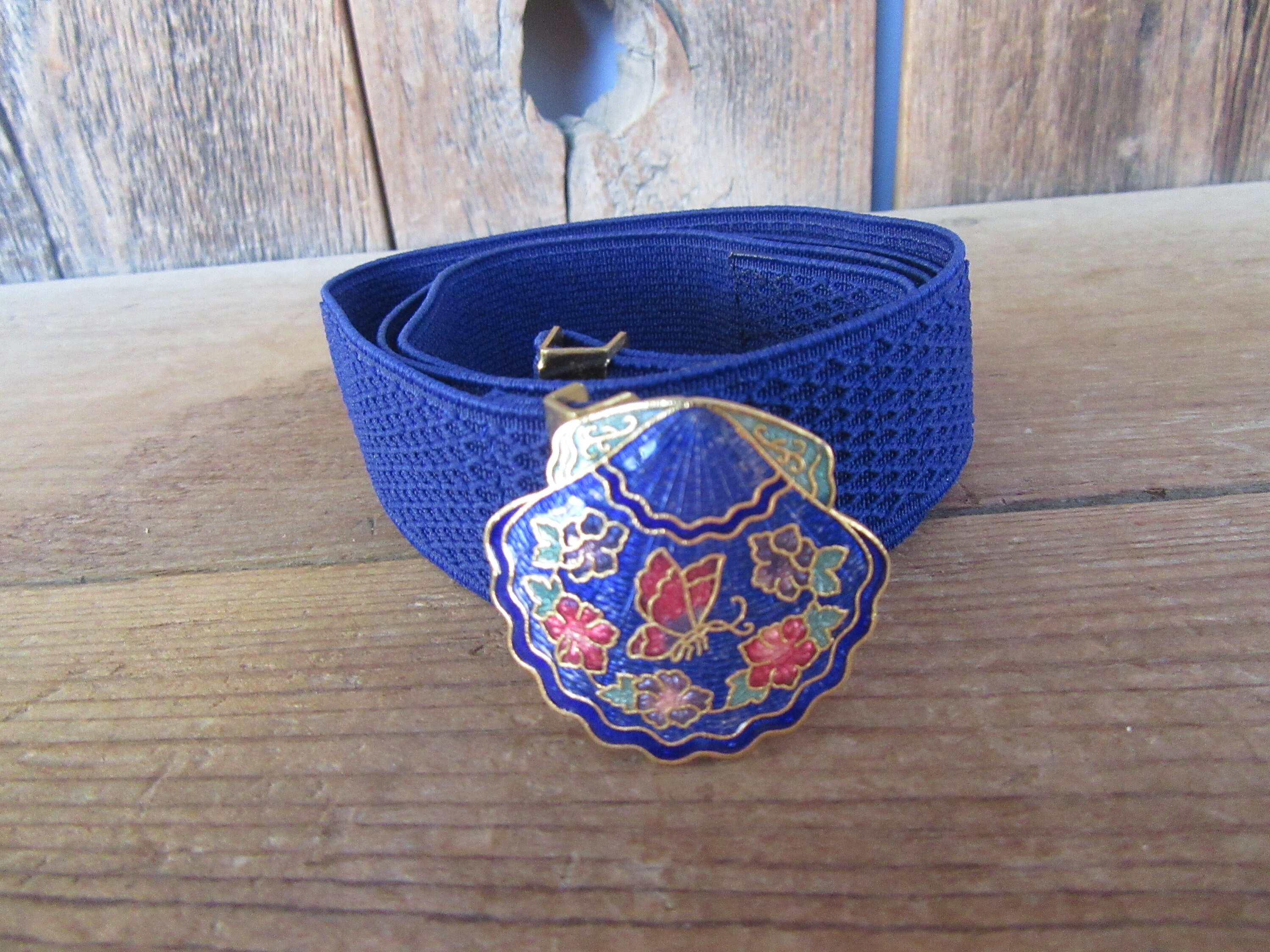 Vintage Cloisonné Stretch Belt Adjustable 80s Royal Blue Stretch Belt | Cinch Belt | Cloisonne Enamel  main image 3