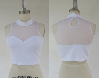 90s Stark White Netted Cropped Tee | Keyhole Back Blouse | Semi Sheer Sweetheart Neck Sleeveless Blouse Bodycon Shirt | M