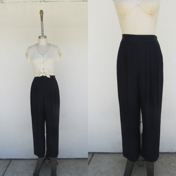 90s Navy Blue Easy Pants | Navy High Waist Pleate