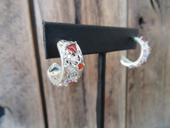 90s Silver Tone Textured Hoops | Bejeweled Rhinestone Hoop Earrings | Chunky Encrusted Hoops