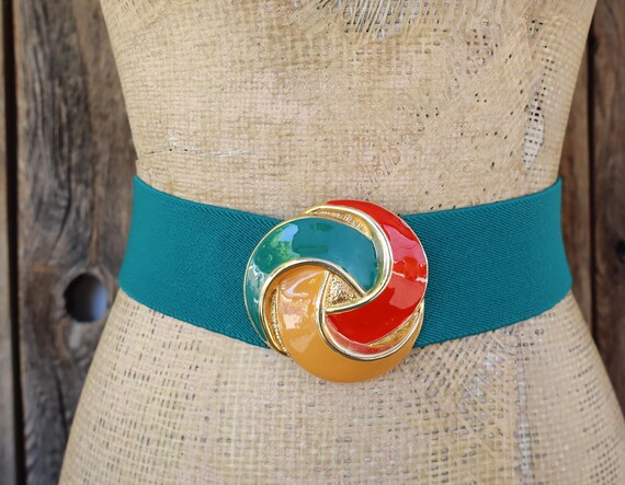 Vintage stretch belt colorful enamel buckle orange blue green yellow VINTAGE DAY LOR ENAMELED BUCKLE WITH ELASTIC BELT | eBay main image 4