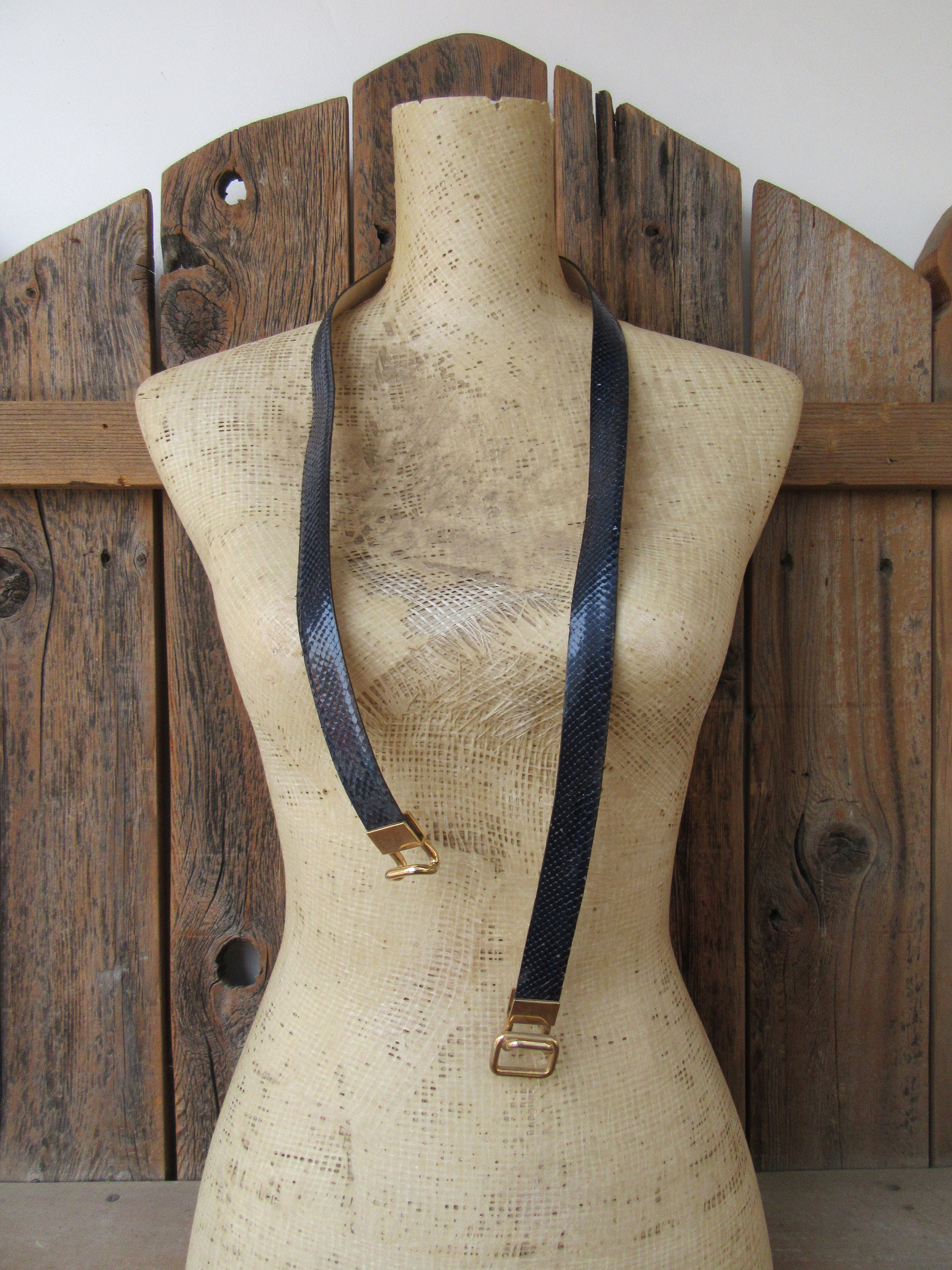 80s Faux Leather Chain Detail Skinny Trouser Belt S 24.5 to 27.5 Vegan Snakeskin Print Midnight Navy Blue Skinny Belt