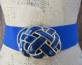 80s Royal Blue Wide Waist Belt | Wide Stretch Belt with Basketweave Enamel Buckle | 1980s Blue Cinch Belt | 33 to 39