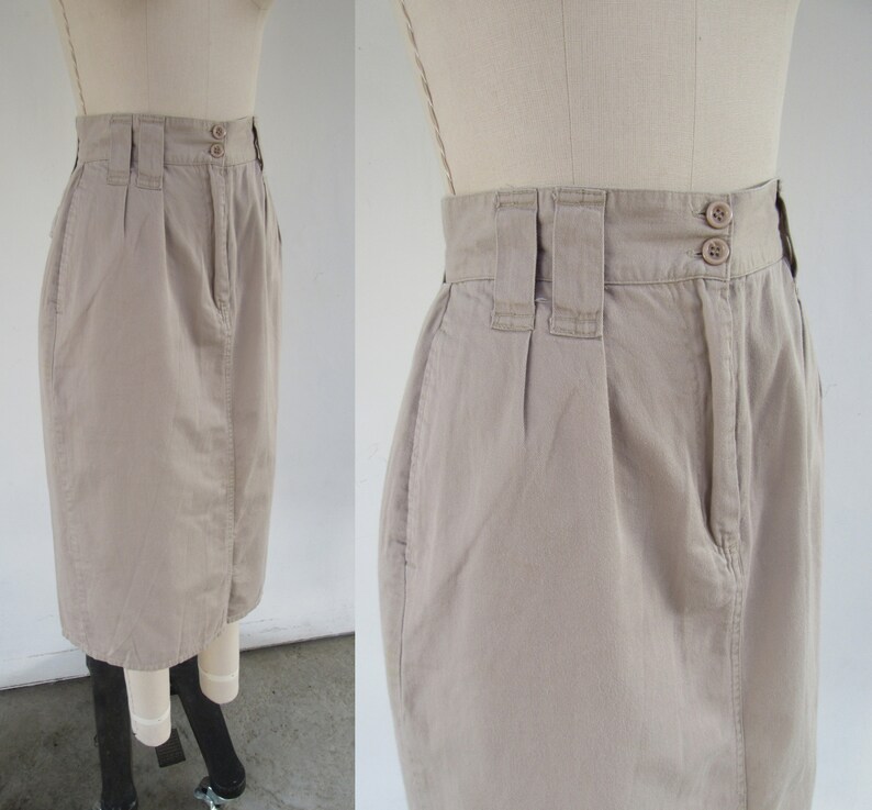 PETITE 80s 90s Khaki All Cotton Pleated High Waist Midi Skirt 25 Waist image 5