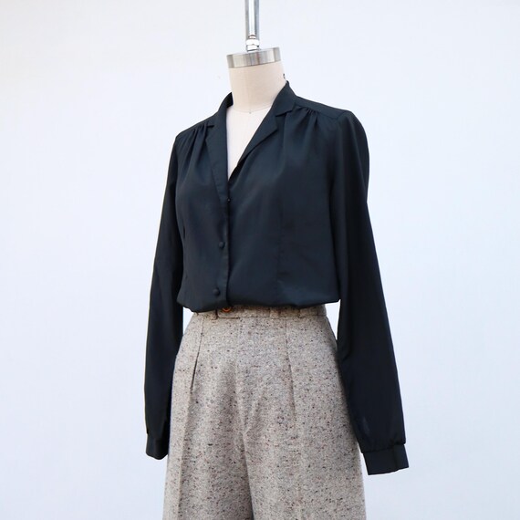 80s Black Button Front Button Blouse | Silky Butt… - image 6