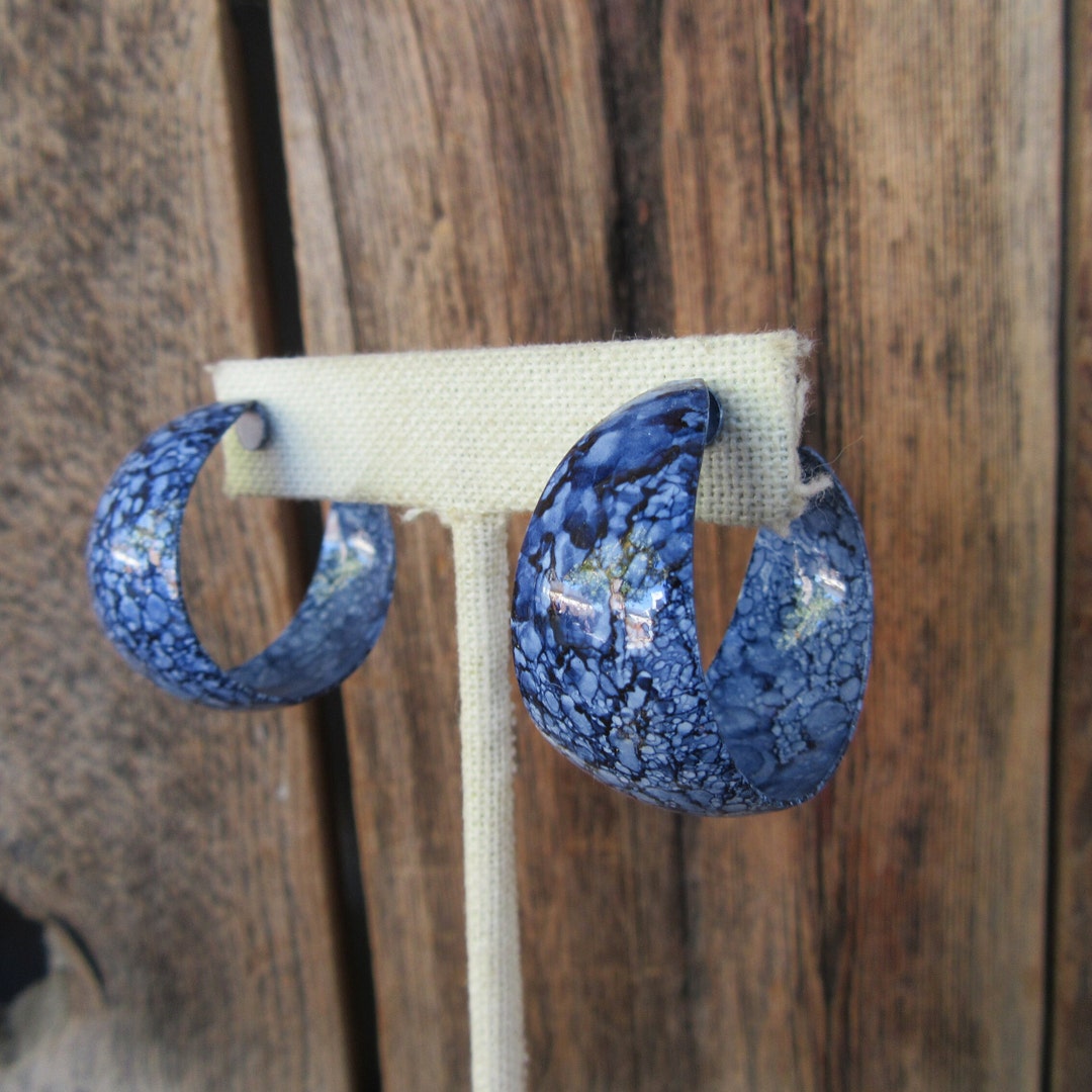 80s Fat Blue Hoop Earrings | Wide Speckled Blue Navy New Wave Hoop ...