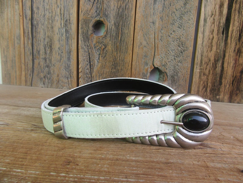 Rocker Belt Statement Belt 80s 90s Mint Green Leather Ranger Belt Cabochon Buckle Belt M L 30 to 34.75
