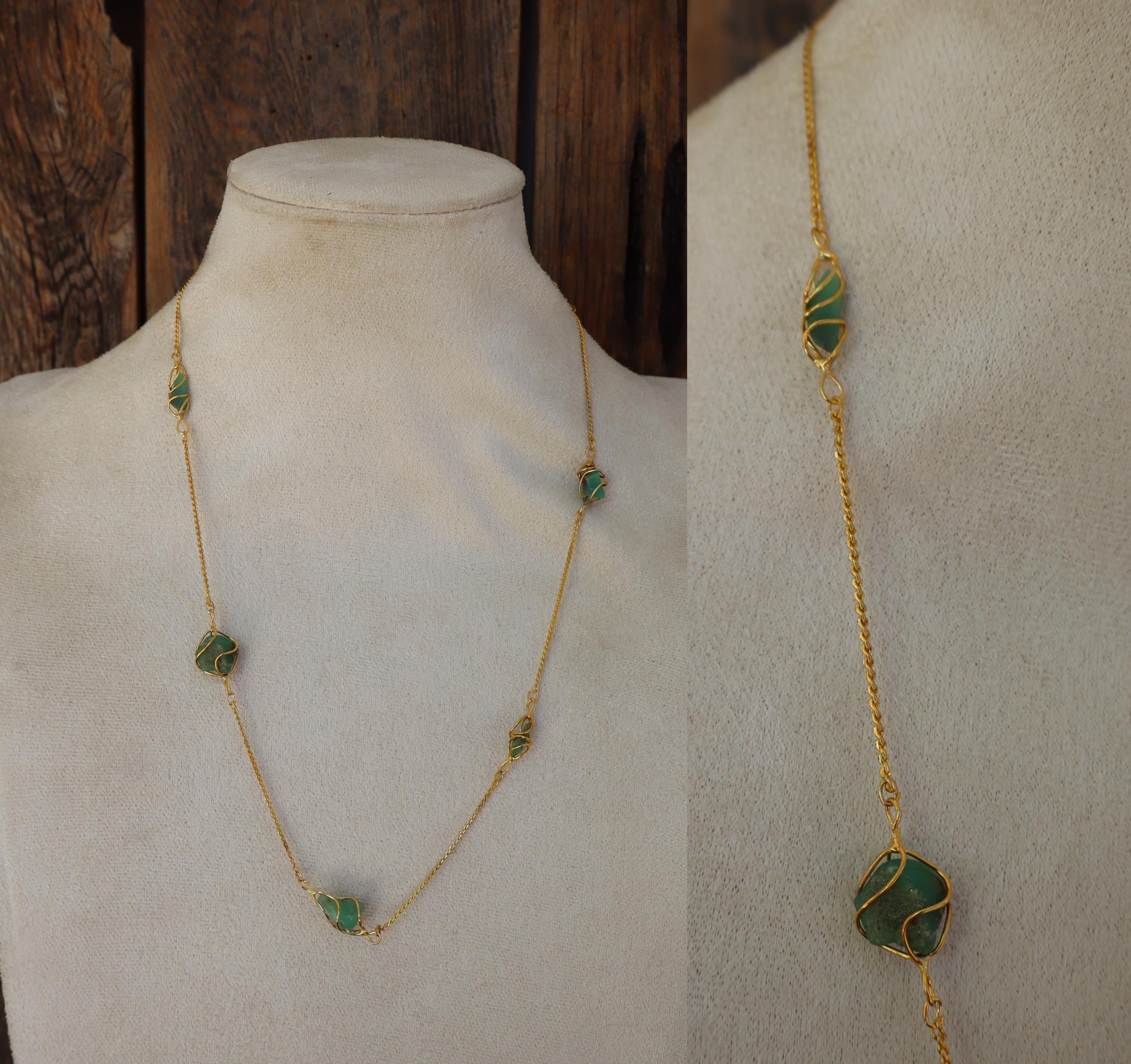 70s 80s Quartz Green and Gold Tone Chain Necklace | 21" Nugget Chain Necklace