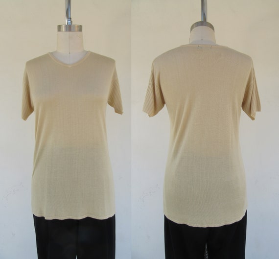 90sEcru Ribbed Weighty Knit Tee Shirt | Rayon Kni… - image 6