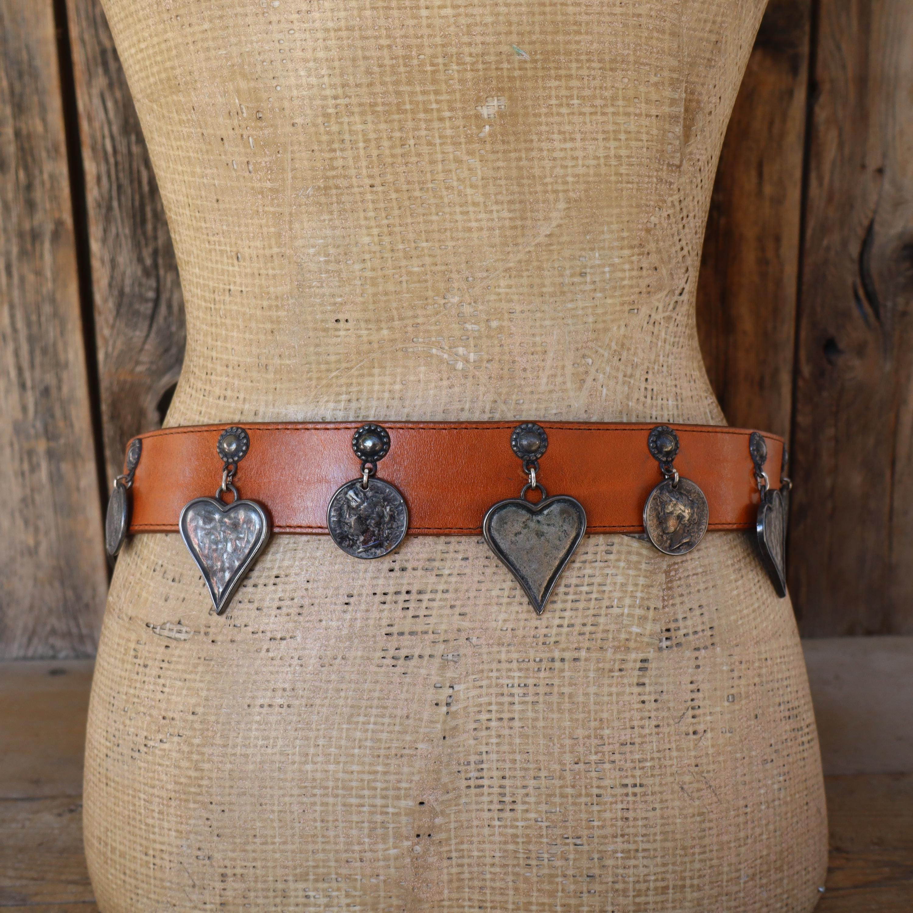 80s 90s Whiskey Brown Leather Dangling Charm Belt | Heart  display picture 3