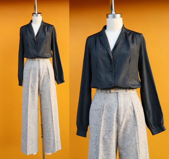 80s Black Button Front Button Blouse | Silky Butt… - image 2