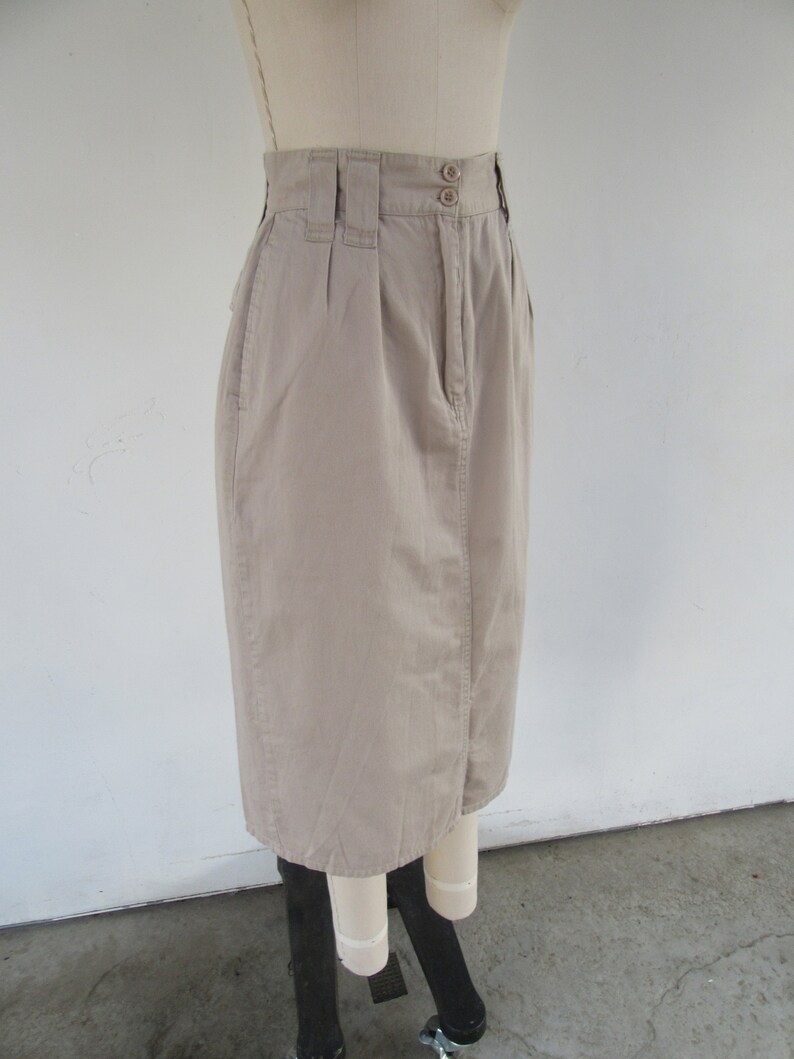 PETITE 80s 90s Khaki All Cotton Pleated High Waist Midi Skirt 25 Waist image 4