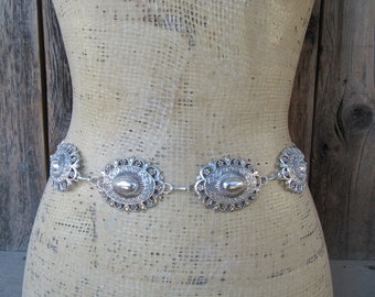 80s 90s Metal Concho Belt | Faux Silver Southwest Cowgirl Cowboy | Silver Tone Chain Belt | Metal Waist Belt | Plus Size 26 to 44