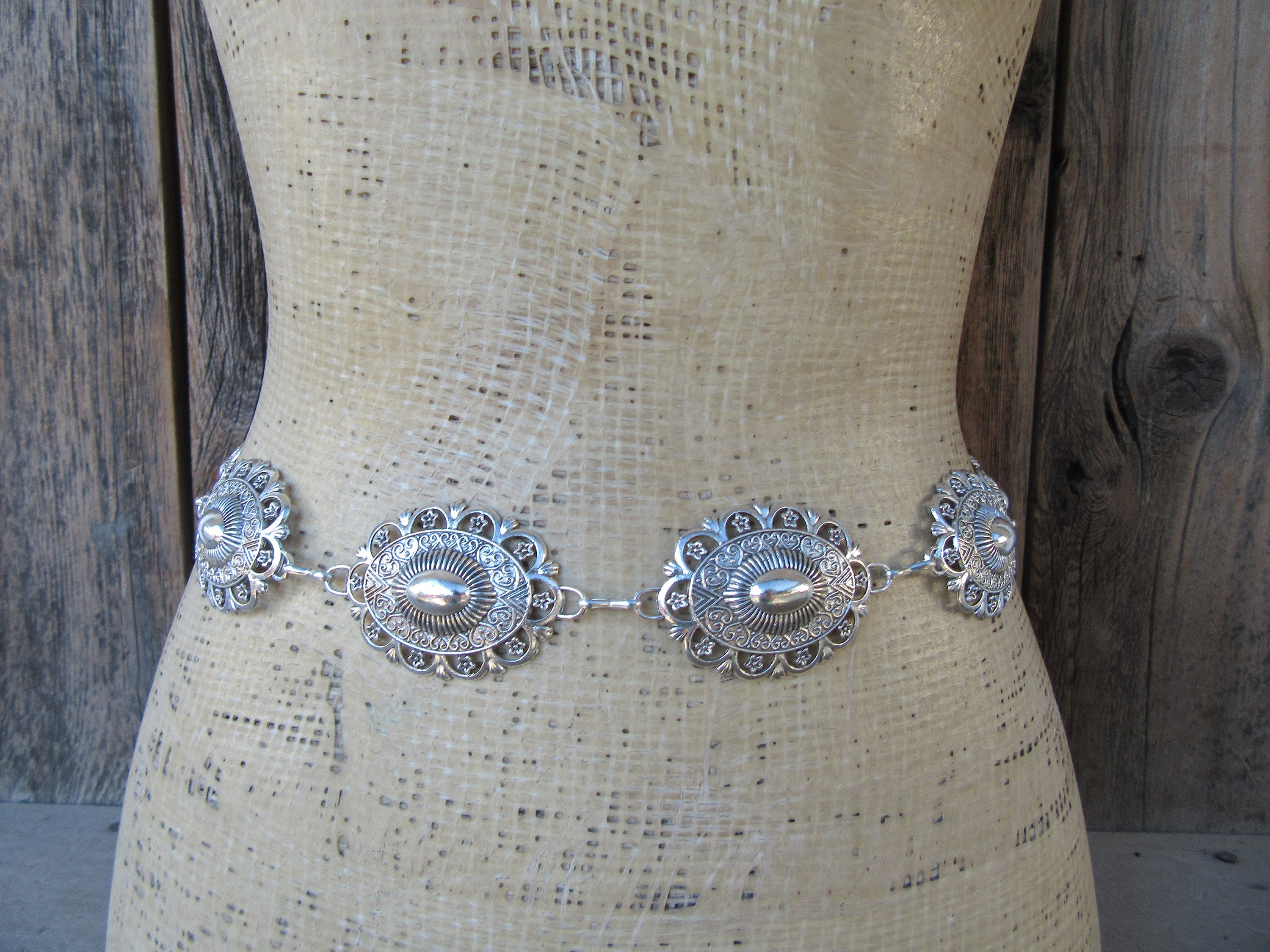 Western Concho Belt Silver-Tone Embossed Medallion Waist Chain Silver Medallion Belt - Etsy main image 3