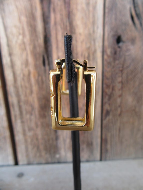 90s Earrings | Rectangle Rectangular Gold Tone Ho… - image 4
