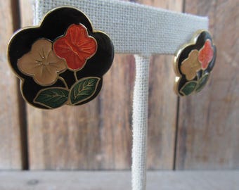 90s Black Floral Enamel Earrings | Flower Enamel Cloisonne Poppy Earrings | 80s Botanical Chunky Enamel Earrings