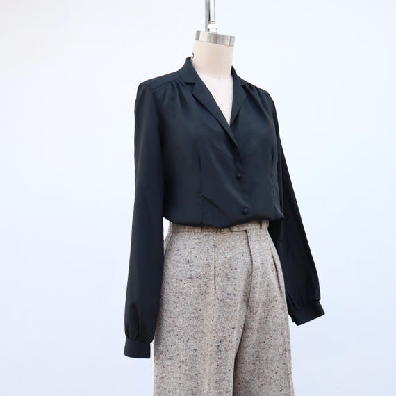 80s Black Button Front Button Blouse | Silky Butt… - image 5