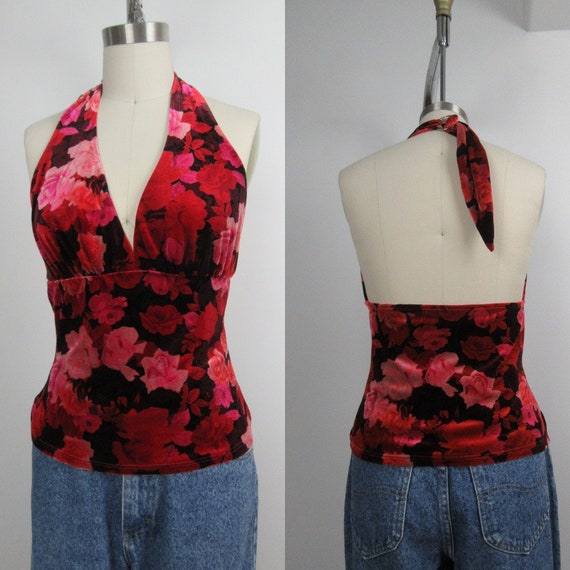 90s Red Floral Velvet Halter Top | Cache 90s Velve
