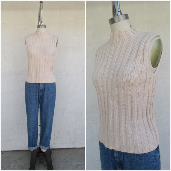 90s Vanilla Cream Cableknit Moch Neck Sleeveless S