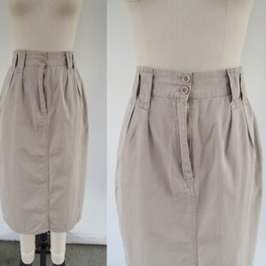 PETITE 80s 90s Khaki All Cotton Pleated High Waist Midi Skirt 25 Waist image 3