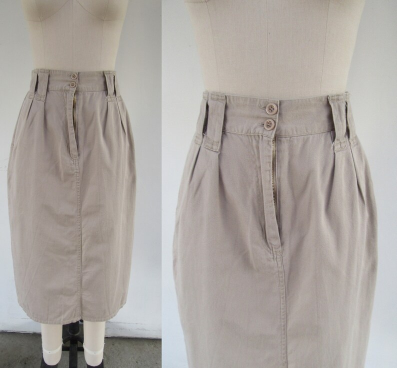 PETITE 80s 90s Khaki All Cotton Pleated High Waist Midi Skirt 25 Waist image 3