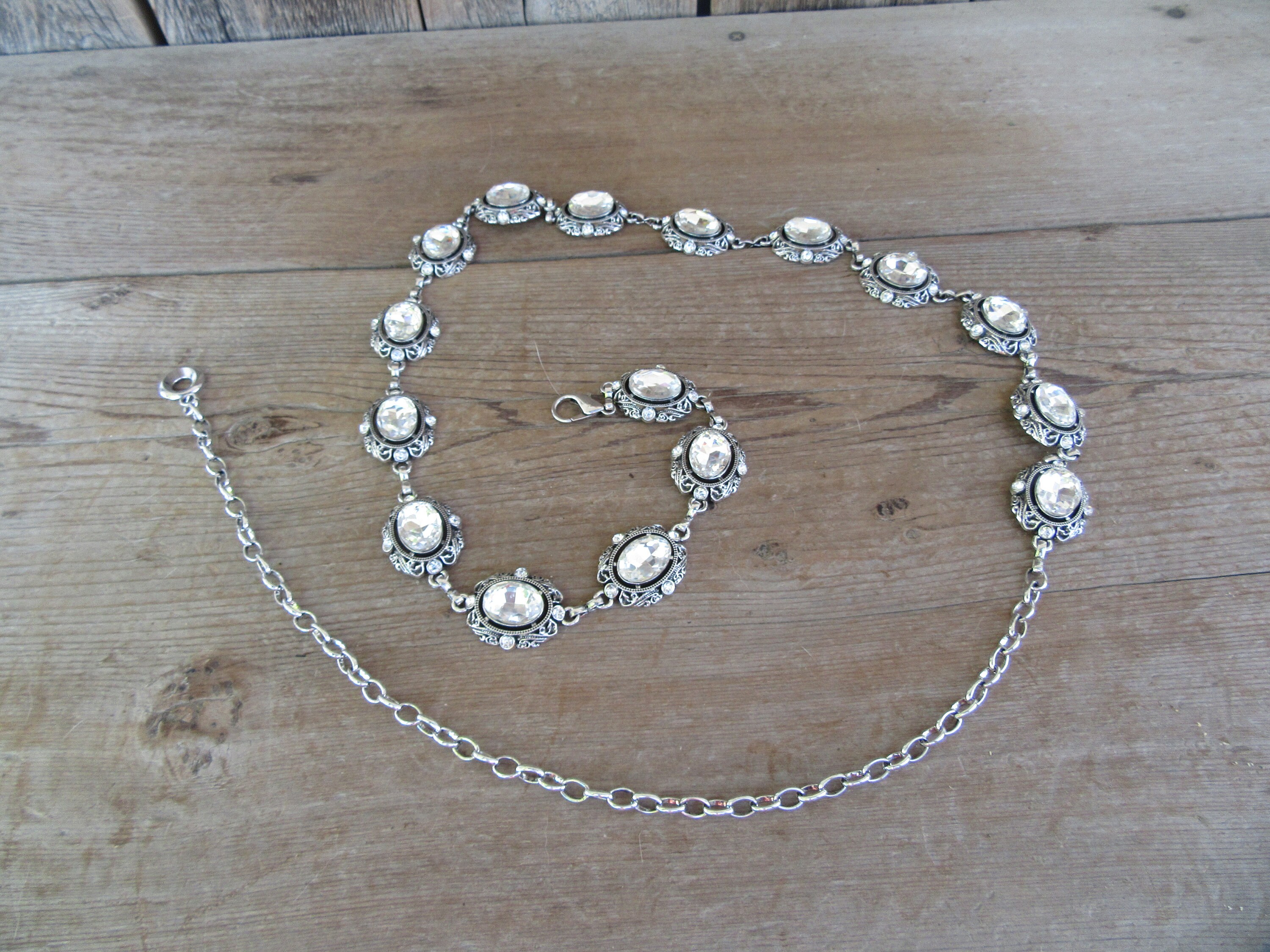 Vintage CLEAR RHINESTONE CHAIN BELT Silver Tone 3-ROWS TENNIS STYLE 36\