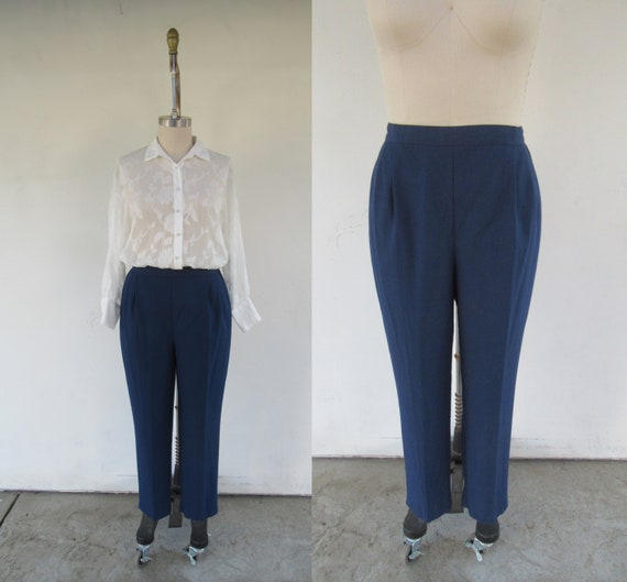 90s PLUS SIZE Navy High Waist Pleated Trousers Linen Look Minimal Business  Casual Pull on Pants High Rise Easy Pants Size 20 34 to 42 