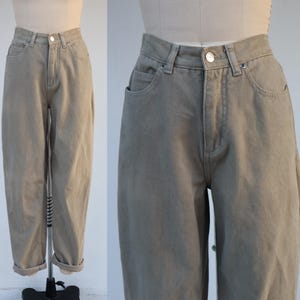 90s Khaki Green Denim High Waist Five Pocket Mom Jeans | Straight Leg High Rise 100% Cotton Jeans | 28 x 31