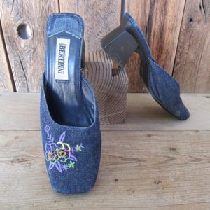 90s Denim Vegan Fabric Mules Slides Clogs | Embroidered Architectural Block Heel Floral Flower Cottagecore Sandals | 7-1/2