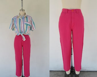 80s High Waist Fuchsia Five Pocket Jeans Trousers | Tapered High Rise Pedal Pushers | Cigarette Pants | 24 Waist | Petite