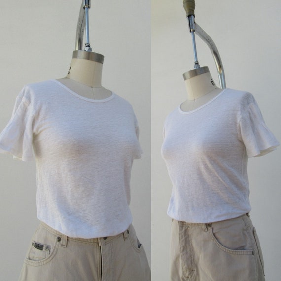 90s Ruffle Sleeve White Linen Jersey Tee Shirt | … - image 1