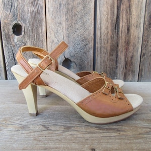 70s SBICCA Platform Open Toe Brown Leather Sandals | Resin Faux Wood Heel Strappy Sandals | Fits like Size 6