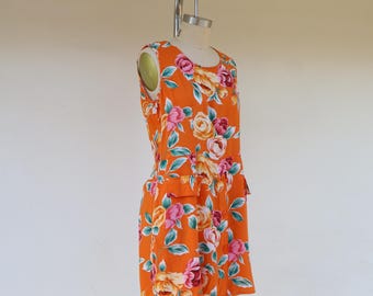 90s Rayon Floral Jumper | Rayon Flower Print Botanical Jumpsuit | Orange Floral Playsuit | Size Medium