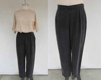 90s Black Silk High Waist Trousers | High Rise Minimal Pleated Pants | Dark Academia Business Casual Capsule Wardrobe Tapered Slacks | 33