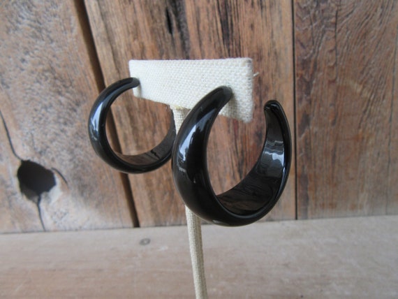 80s Fat Hoop Earrings | Chunky Shiny Black Resin … - image 1