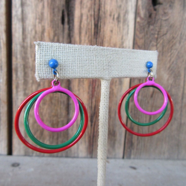 80s Enamel Earrings | Fuchsia Red Green Blue Circle Earrings Earrings | New Wave Earrings | Statement Earrings Cutout Round Geo