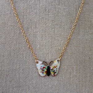 80s Gold Chain Necklace | Small White Cloisonne Butterfly Necklace | Statement Jewelry | 70s Necklace