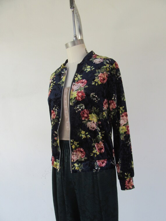 90s Crushed Velvet Floral Zip Front Jacket | Zip … - image 10