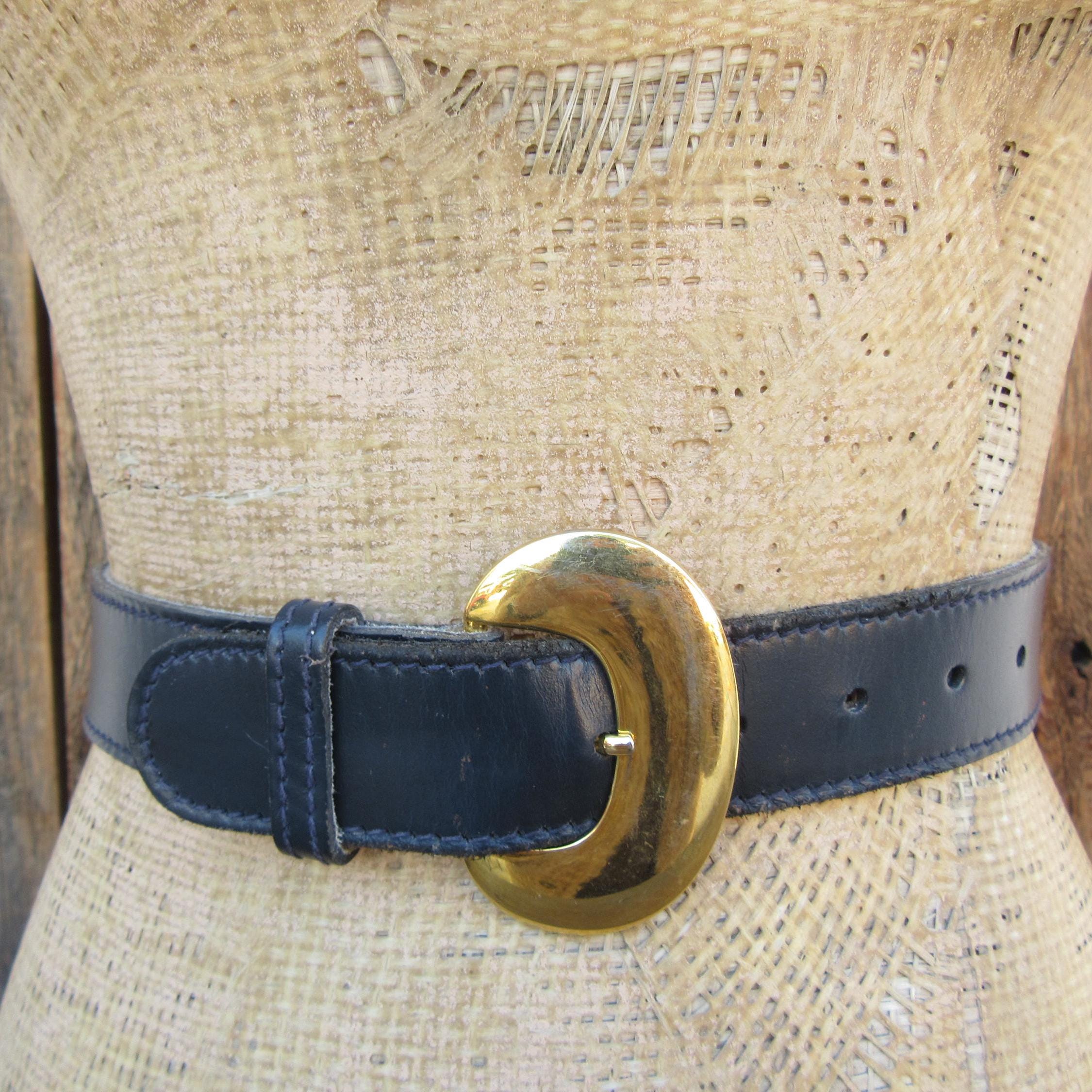 Vintage 80s Blue Soft Leather Belt Brass Buckle Size Medium USA Vintage 80s Wide Blue Leather Belt: Round Brass Buckle - Etsy main image 3