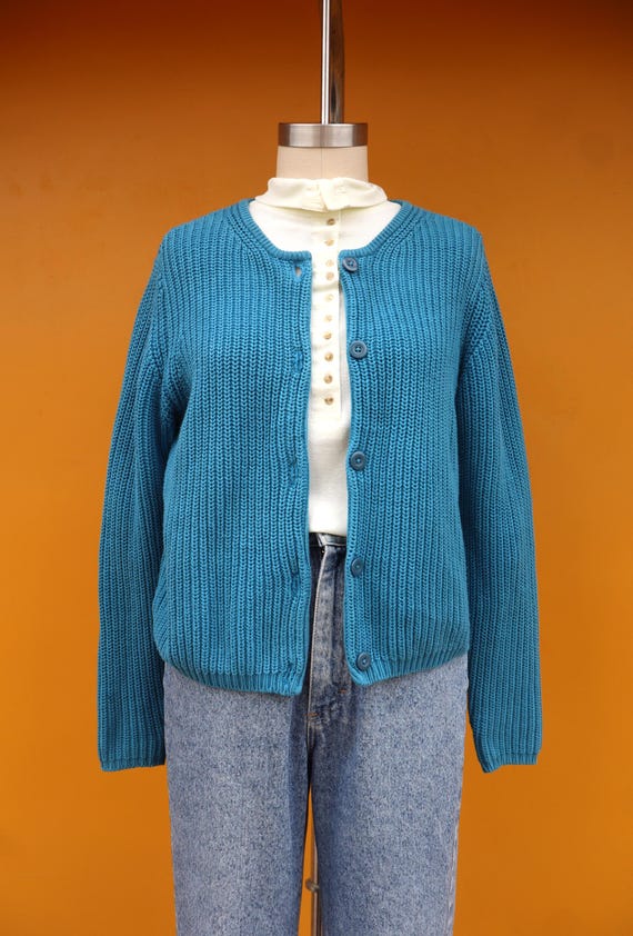 90s Eddie Bauer Waffle Knit Turquoise Cardigan Sweater Jumper Size 