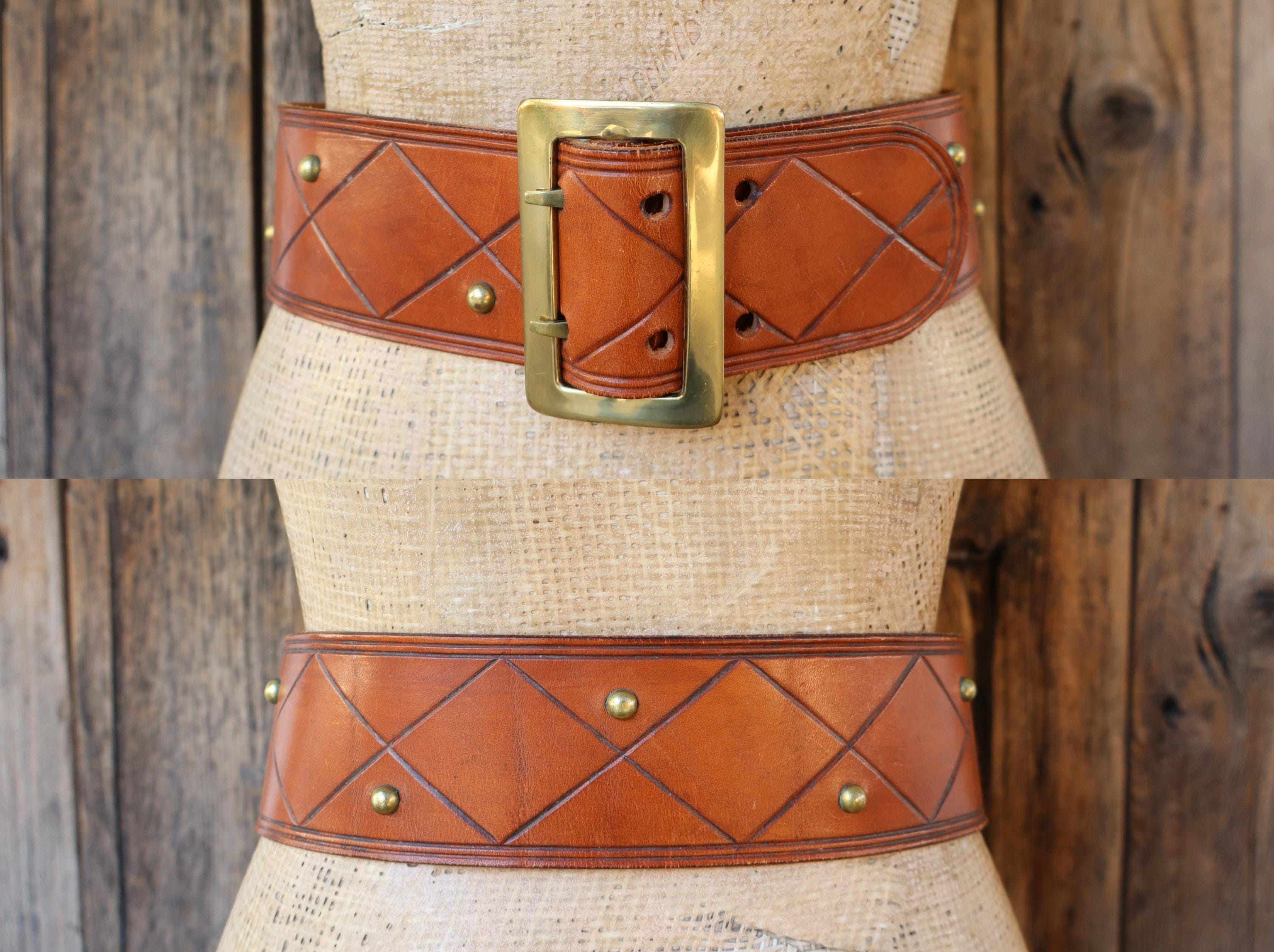 70s Handmade Extra Wide Brown Tooled Leather Studded Waist  display picture 2