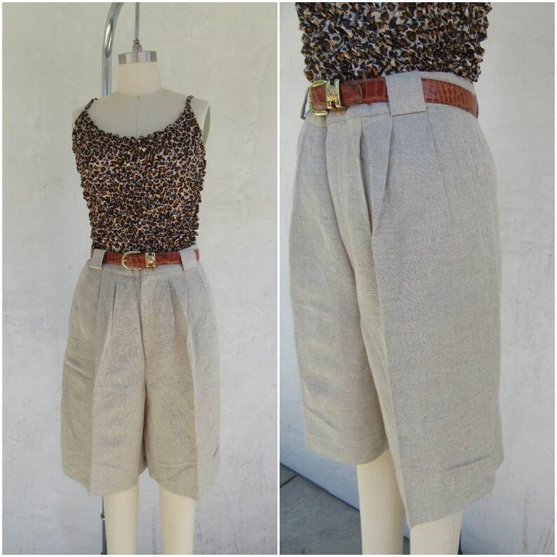 30 Waist Longline Pleated High Wasted Bermuda Shorts 90s Mom Shorts 1990s Oatmeal High Waist Linen High Waist Longline Shorts