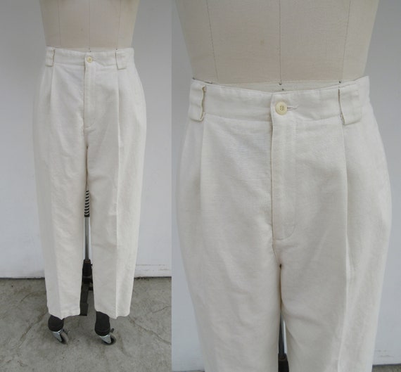 90s Cream Linen Cotton Blend High Waisted Pleated Trousers High Rise Light Academia Business Casual Minimalist Slacks Pants 30 Waist Etsy Canada