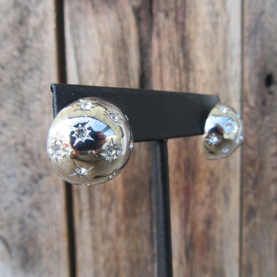 90s SilverTone Bejeweled Chunky Button Earrings  … - image 1