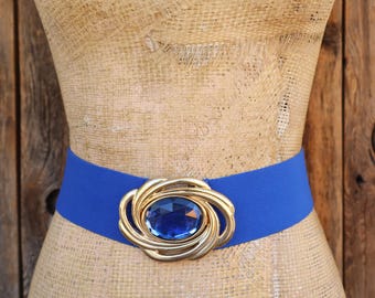 Vintage 80s Navy Blue Wide Stretch Waist Belt Gold Tone Statement Buckle 35\