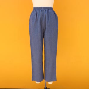 90s Chambray Easy Pants | High Rise Waist Dark Blue Chambray Cotton Mom Pants | Pull On Pants | 24 to  32 Waist