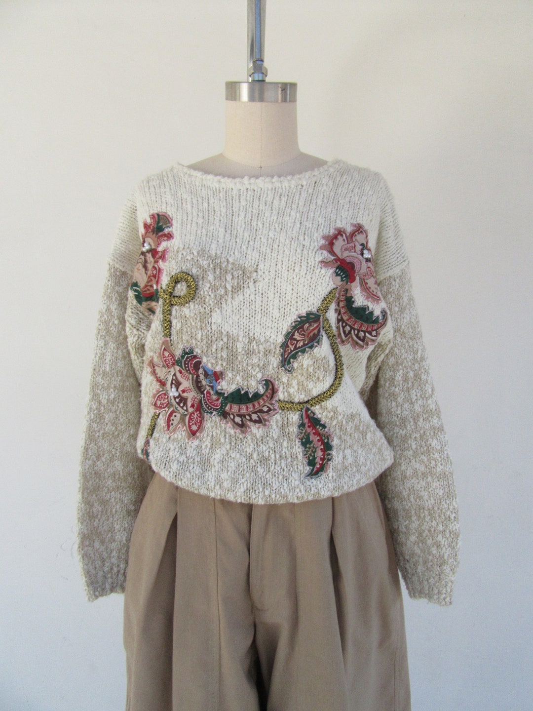80s 90s Rose Floral Sweater Top | Applique Long Sleeve Cottagecore