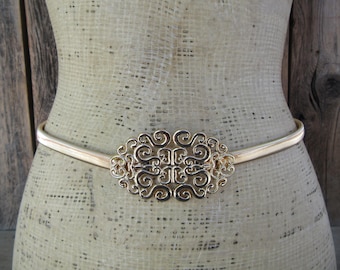 1980s 90s Gold Metal Shell Buckle Stretch Belt | Art Deco  display picture 1
