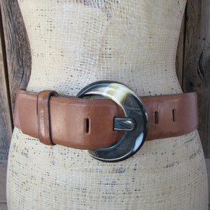 1990s Wide Brown Leather belt | Faux Tortoise Shell Buckle Belt | Wide Leather Waist Belt | 28 to 32