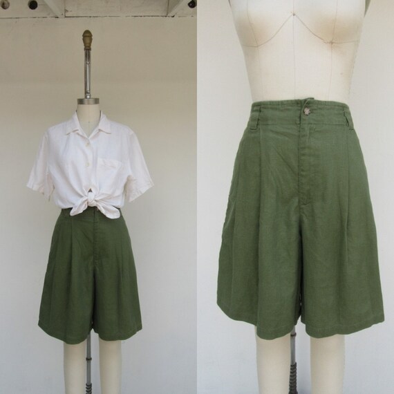 90s Olive Green High Waist Linen Cotton Blend Long